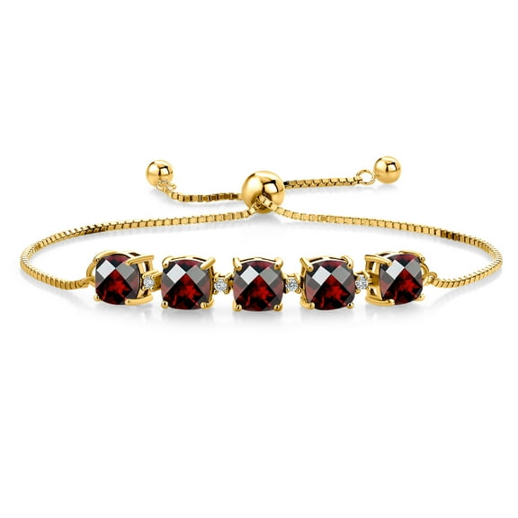 Gem Stone King 18K Yellow Gold Plated Silver Red Garnet and White Lab Grown Diamond Tennis Bracelet for Women (4.82 Cttw, Cushion Checkerboard 6MM, Gemstone Birthstone, Fully Adjustable up to 9 inch)