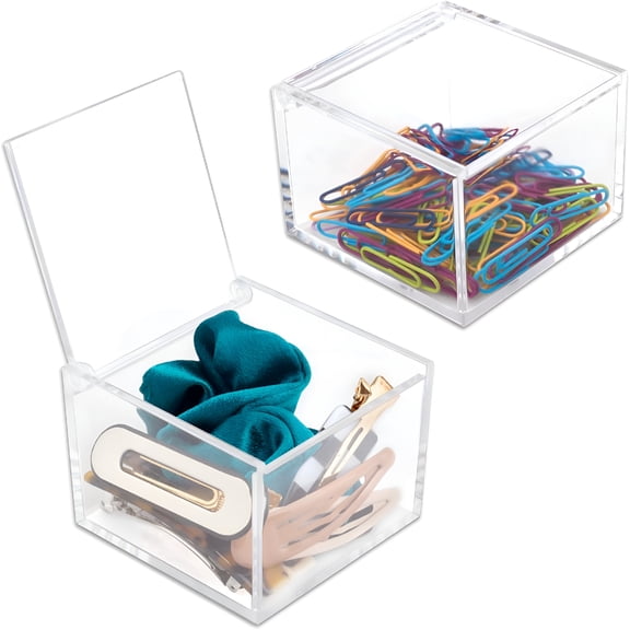 XIBUFE 2 Pack Small Clear Acrylic Organizer with Hinged Lid, Dustproof Storage Box for Desk, Bathroom, Office, and Vanity