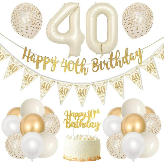 40th Birthday Decoration for Girls, White Sand Gold 40th Birthday Party Decorations with Happy Birthday Banner Triangle Flag Banner Number 40 Balloons