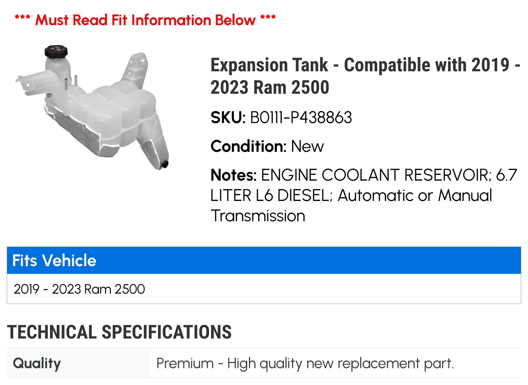 Expansion Tank - Compatible with 2019 - 2023 Ram 2500 2020 2021 2022