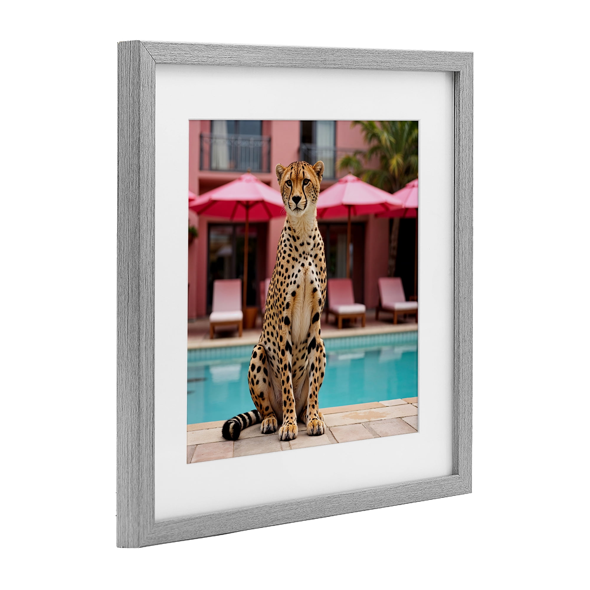 Cheetah Posed at Poolside Gray Framed Print Under Glass, design by Lettered and Lined