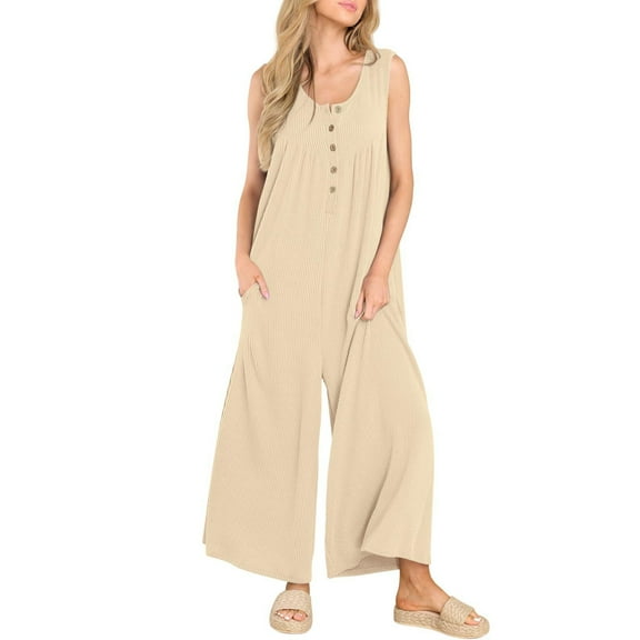 snowsong Women's Jumpsuits, Rompers and Overalls,2024 New Women's Solid Casual Button Pocket Sleeveless Romper,Jumpsuits for Women,Plus Size Jumpsuit,Jumpsuits Casual, Beige L