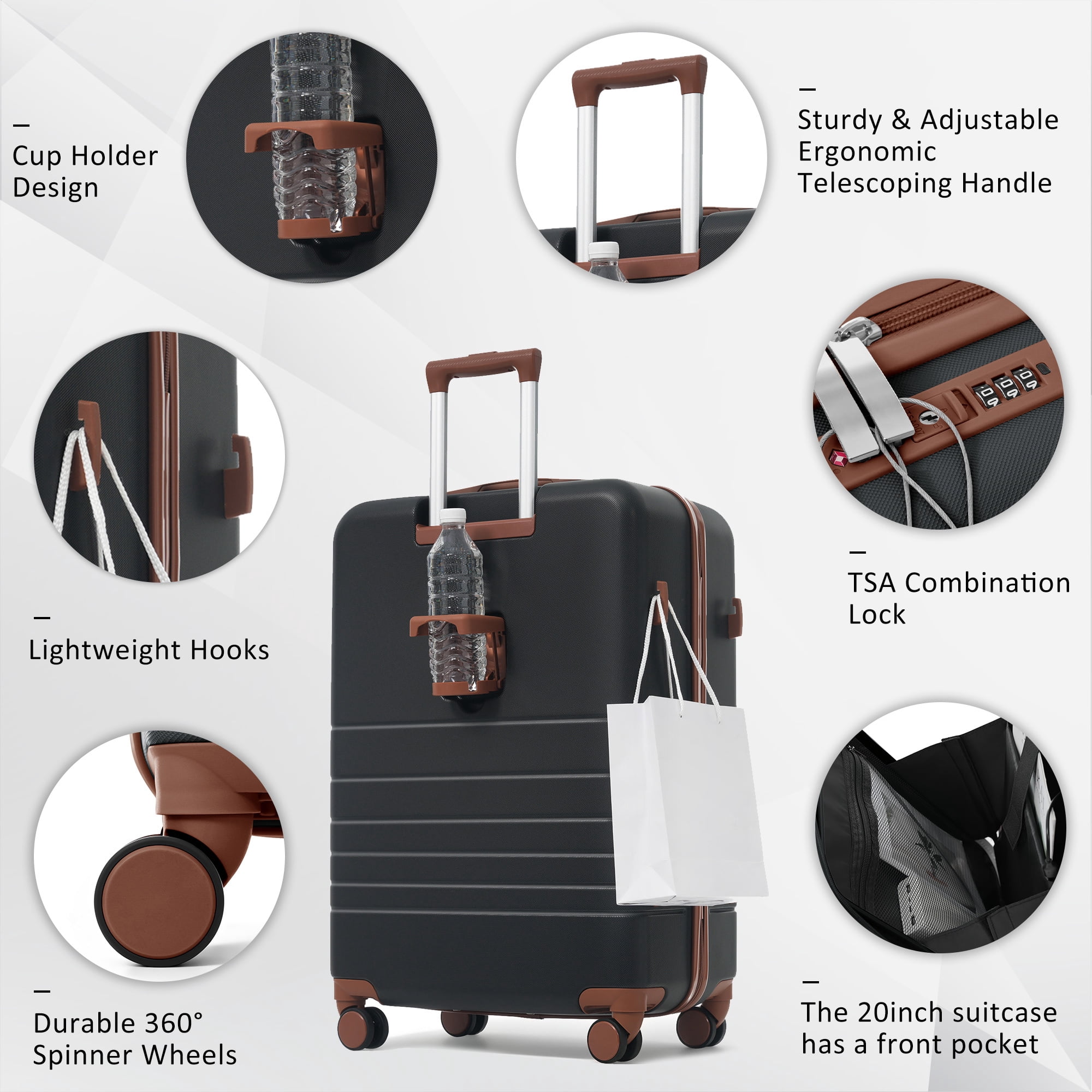 Euroco 2 Piece Luggage Sets Front-Opening, 20" Carry On Luggage with Cup Holder, USB Charging Ports,TSA Lock & Spinner Wheels,ABS Hardshell Lightweight Suitcase Set for Travel,Black+Brown