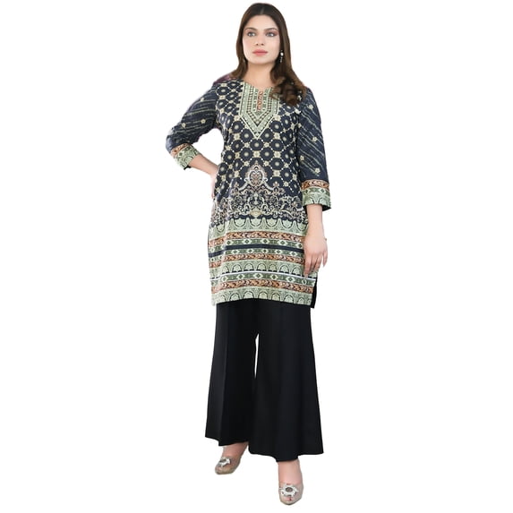 Stylish Cotton Lawn Kurtis for Women - Indian Pakistani Long Tops in B&W Prints for Casual Summer Wear, M - 3XL