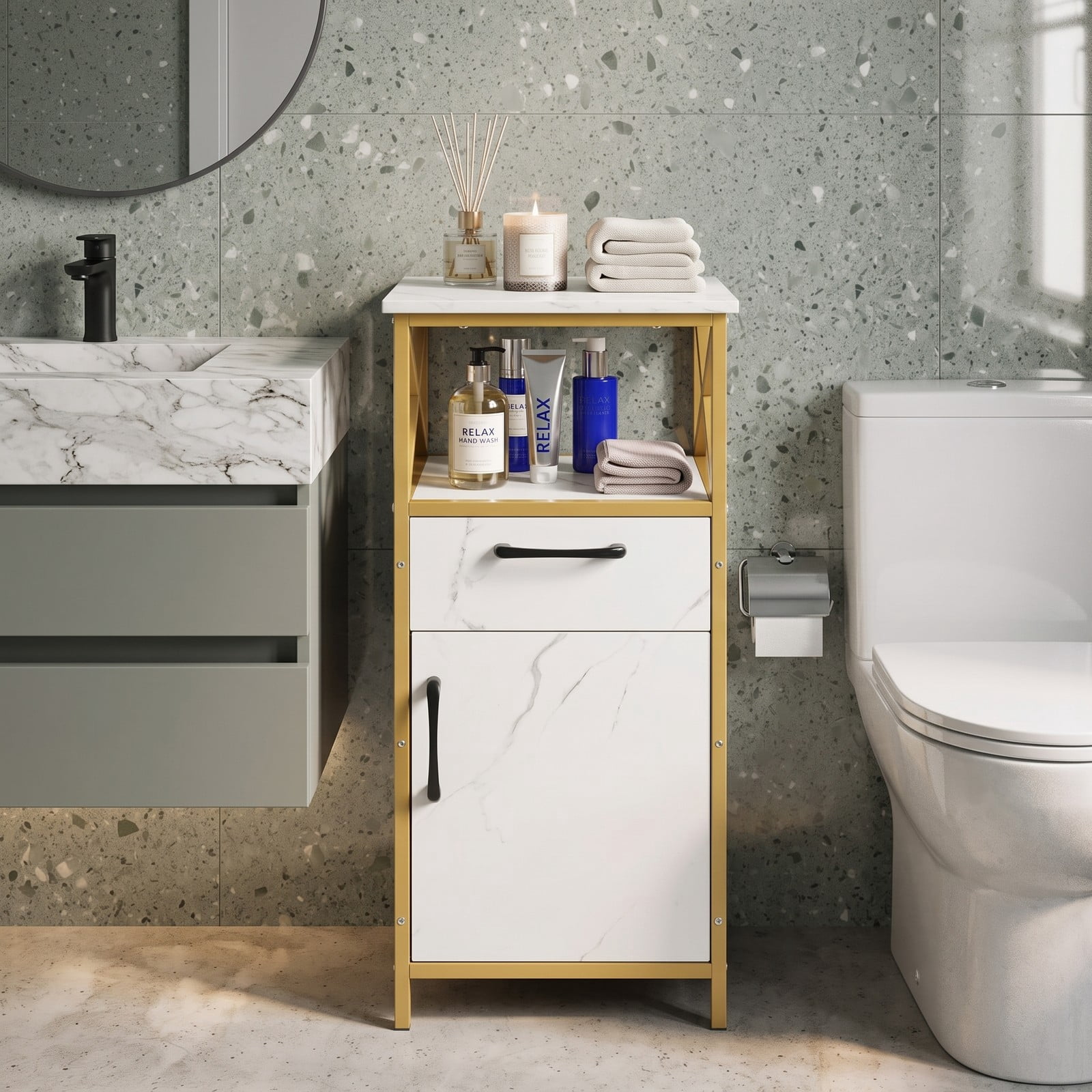 ALPULON Bathroom Storage Cabinet with Drawer, Freestanding Floor Cabinet with Single Door and Open Shelf, Faux Marble Storage Organizer with Golden Metal Frame, White