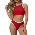 thumbnail image 2 of Mceream Womens Solid Color Onepiece Swimsuit Fashionable and Neck Color-Blocked Bikini Swimsuit Red S, 2 of 9