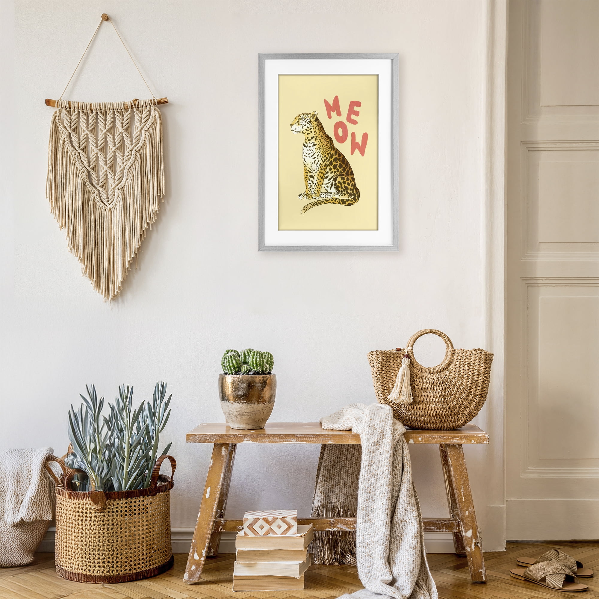 Stupell Industries Meow Leopard on Yellow Gray Framed Print Under Glass, design by Florentina Dolci