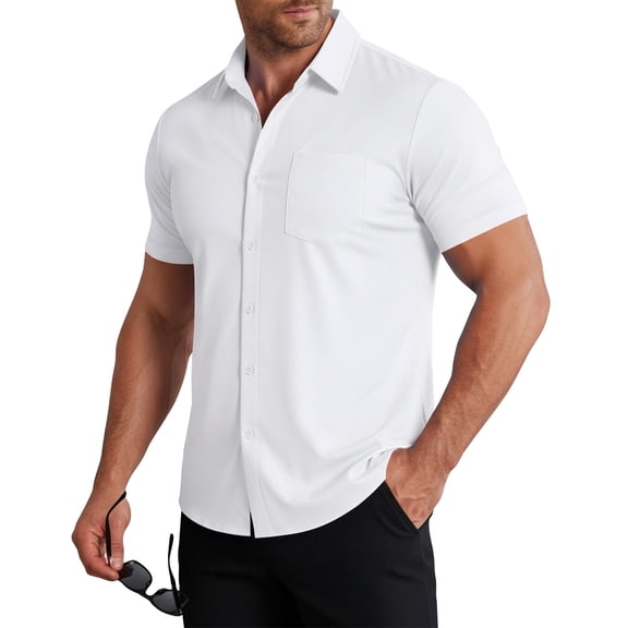 Nestiefly Men Wrinkle Free Quick Dry Shirts 2026 Summer Button Short Sleeve Casual Button Down Work Hiking Dress Shirts White S