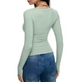 thumbnail image 5 of Women'S Solid Color Long Sleeve U-Neck Ribbed Knitted Casual Top Slim Fit Basic Shirt Light Green M, 5 of 6
