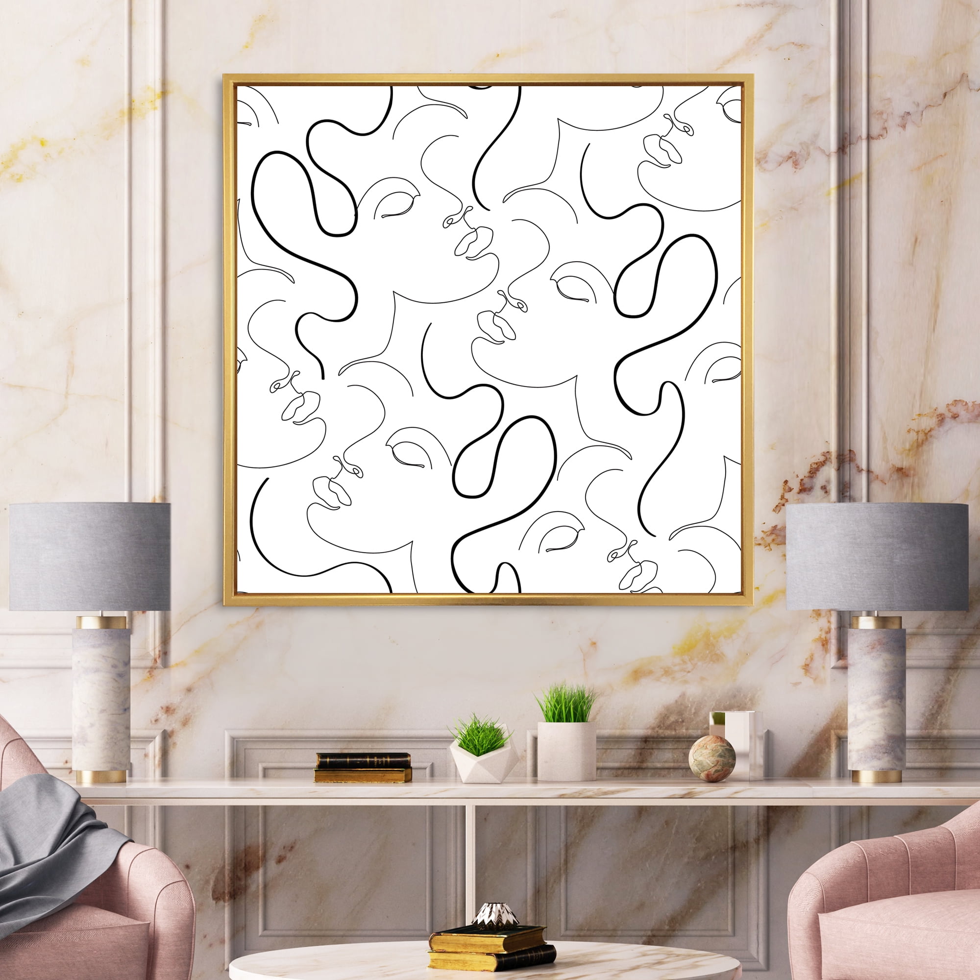 Designart 'Black and White One Line Drawing Portraits' Modern Framed Canvas Wall Art Print