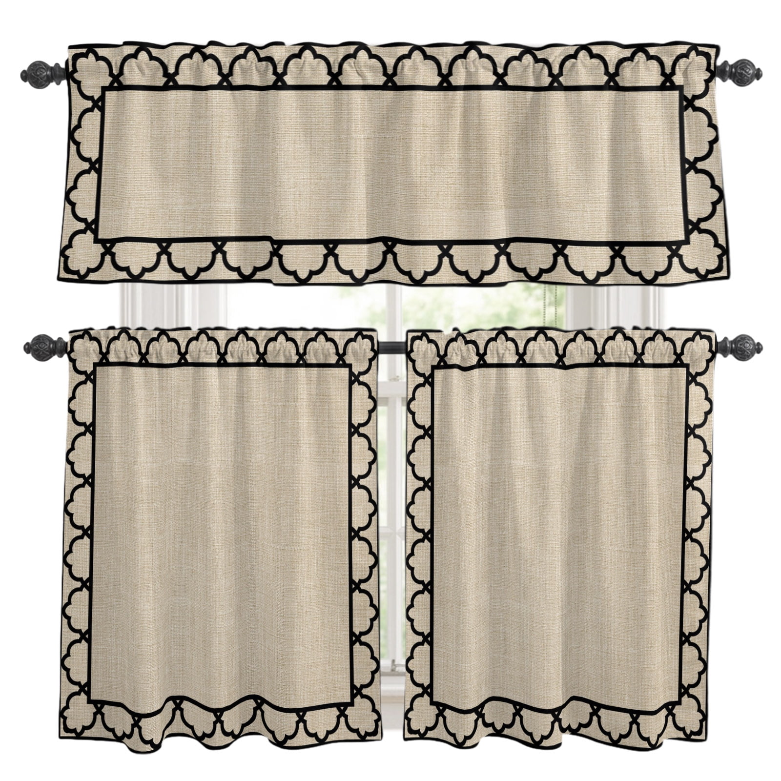 Art Frame Kitchen Curtains and Valances Set Geometric Black Morocco Printed Border Rustic Linen Texture 3 Piece Curtains Valances and Tiers Set Rod Pocket for Kitchen Bathroom Windows 24 Inch