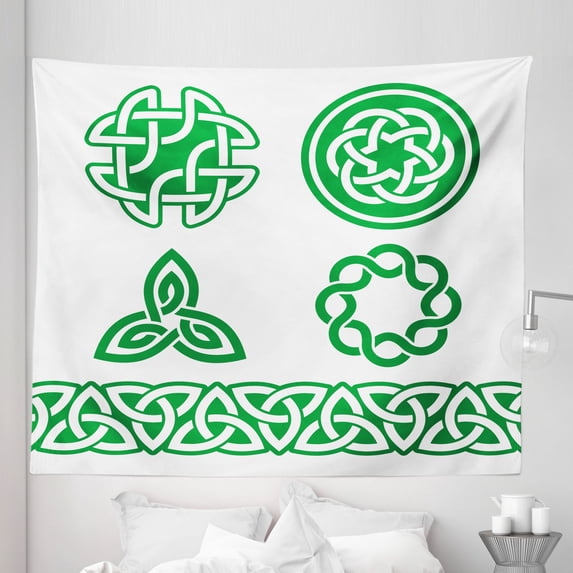 Irish Tapestry, Medieval Knots Braided Design Old Folkloric Gaelic, Fabric Wall Hanging Decor for Bedroom Living Room Dorm, 5 Sizes, Fern Green and White, by Ambesonne