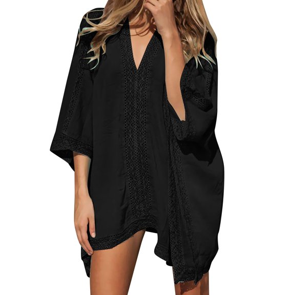 Women Swimwear Cover-Ups Half Sleeve Oversized Dress Solid Color Bathing Suit Coverup Cardigan Shirts Black,One Size