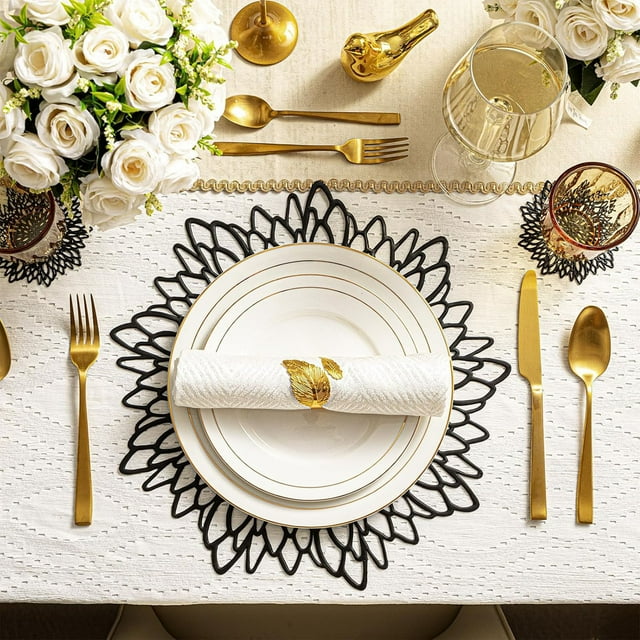 Mantel individual de vinilo hueco de flor de hibisco | Diseño floral elegante y planchado | Ronda 15"x15" | Rojo Oro Negro Oro Rosa Plata | Centro de mesa duradero para bodas | 1 Pieza | Easy Care |