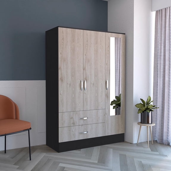 Bolton 120 Mirrored Armoire, Metal Hardware, Double Door Cabinet, Two Drawers, Single Door With Mirror, Rods Black / Light Gray