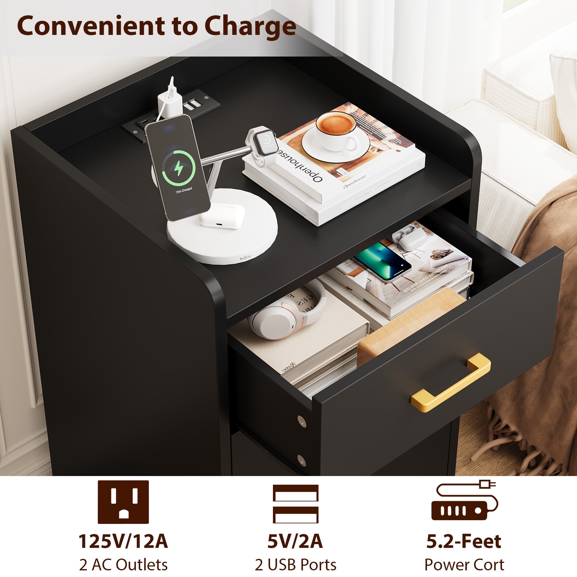 Homfa Nightstand with Charging Station, 3 Drawers Nightstand for Bedroom, Modern Storage Cabinet for Living Room, Black