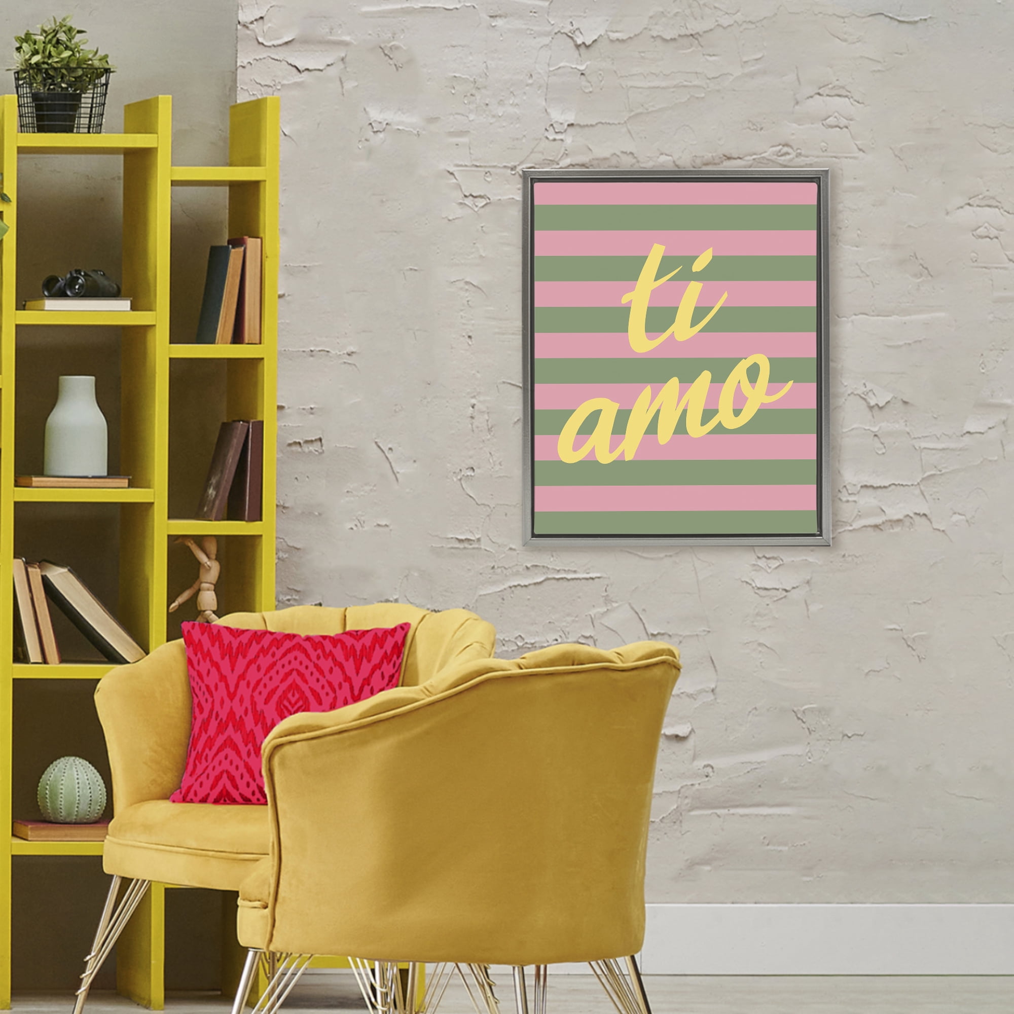 Stupell Industries Ti Amo Pink Green Stripes Gray Framed Floater Canvas Wall Art, design by SD Graphics Studio