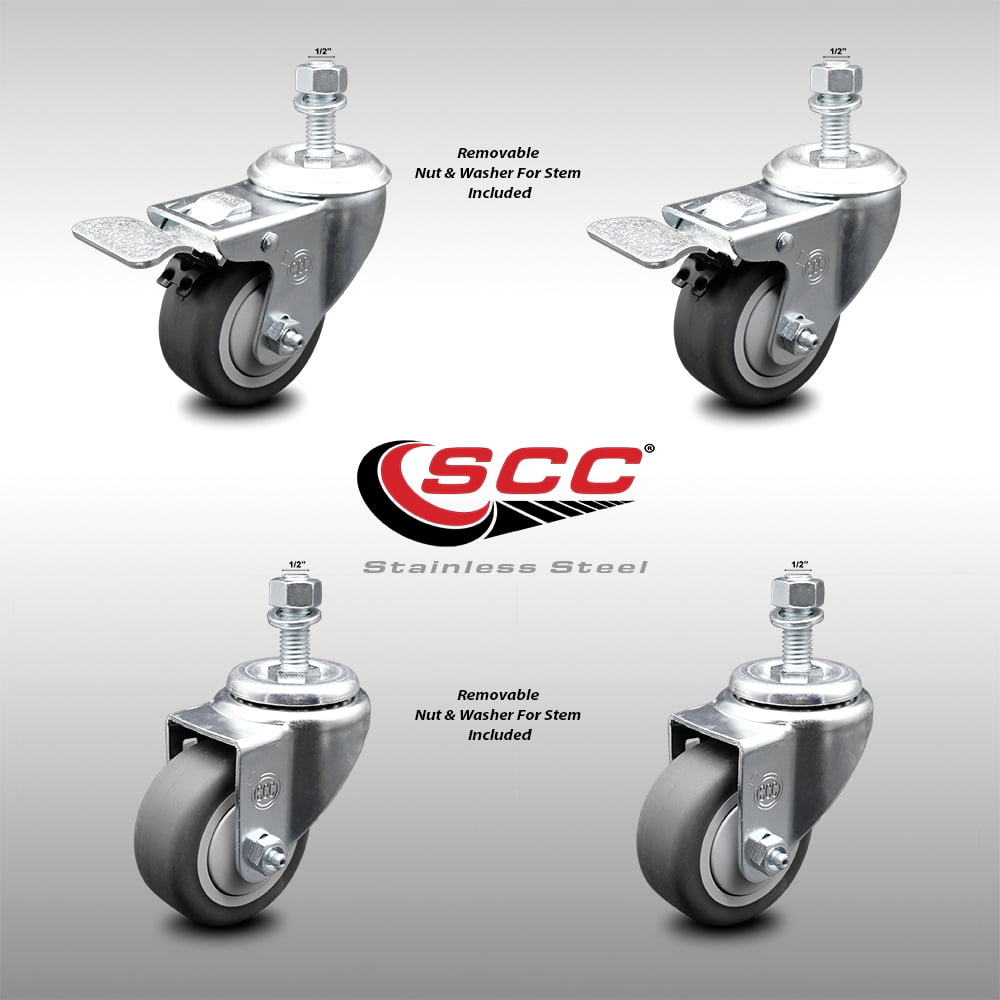 Set Of Four Swivel Stem Caster and 3/" Soft Wheel and 1//2/" Threaded Stem