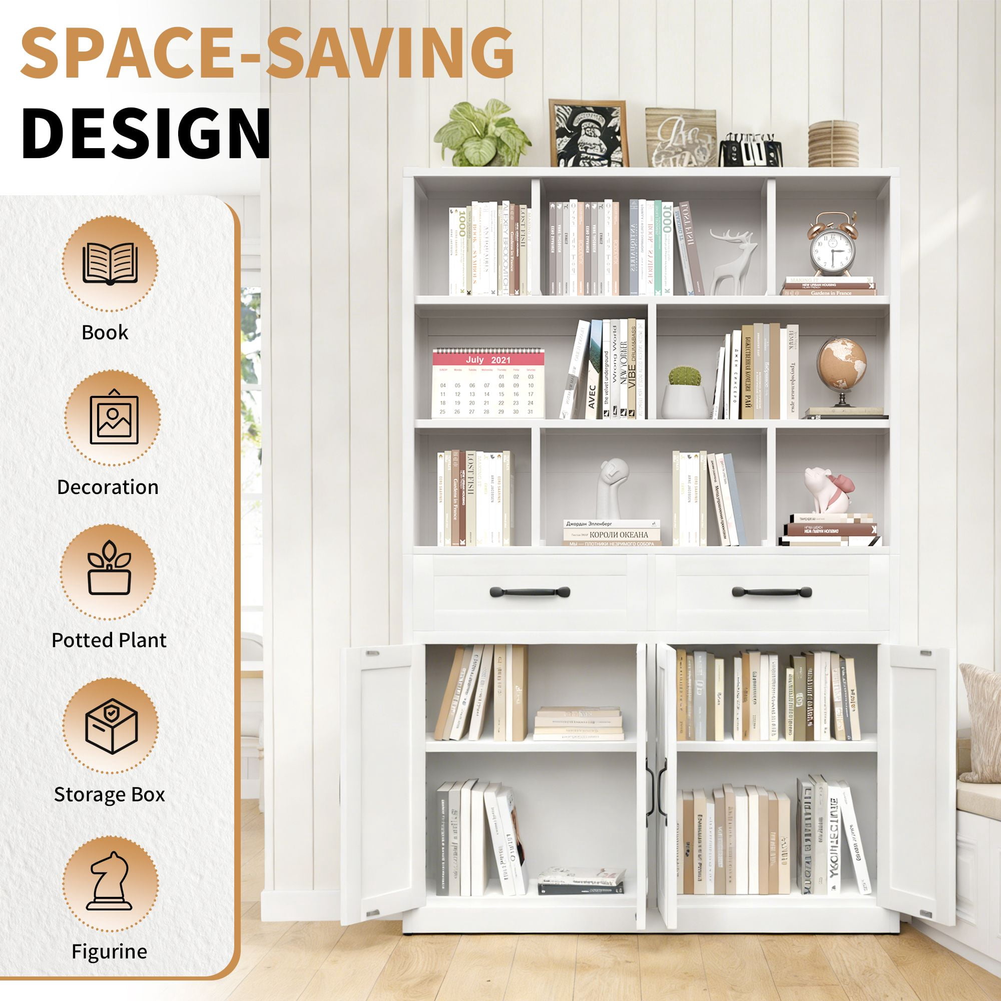 Decorative Bookshelf with Cabinets and Drawers, Freestanding Bookcase with Open Cubby Storage, Wooden Display Storage Cabinet for Home Office Bedroom Living Room