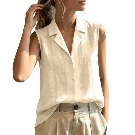 ZGRBOU Womens Sleeveless Button Down Shirts Summer Cotton Linen V Neck Blouses Solid Color Casual Work Tank Tops