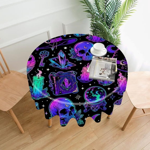 RKSupls 60 Inch Round Tablecloth, Witchcraft Elements Pattern Premium Polyester Straight Edge Wrinkle Resistant Washable Table Cover for Party Home Dining Decor