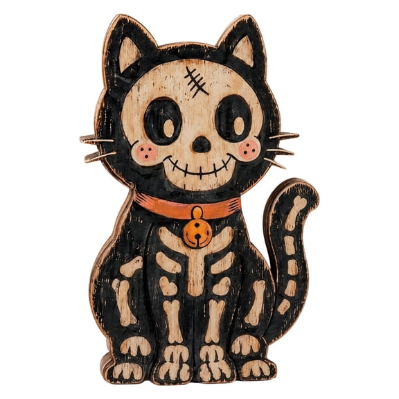 Skeleton Cat Wooden Halloween Decor Cute Vintage Halloween Decor Spooky Halloween Decorations for Home Office Desk Shelf Party Indoor Display 1 Pack