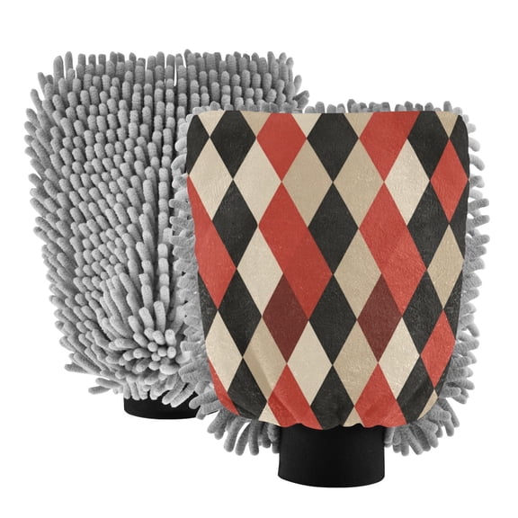 Microfiber Car Wash Gloves With Chenille & Polyester Terry Scratch-Free Cleaning Elastic Cuffs Red Beige Black Harlequin Pattern