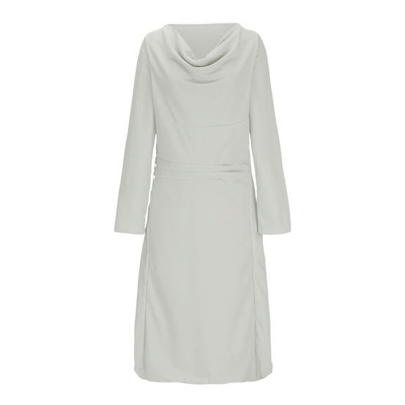 cfhntfmh Fall Dresses for Women Casual Long Sleeve Crewneck Pleated Tunic Dress Comfy Solid Color Knee Length Dress