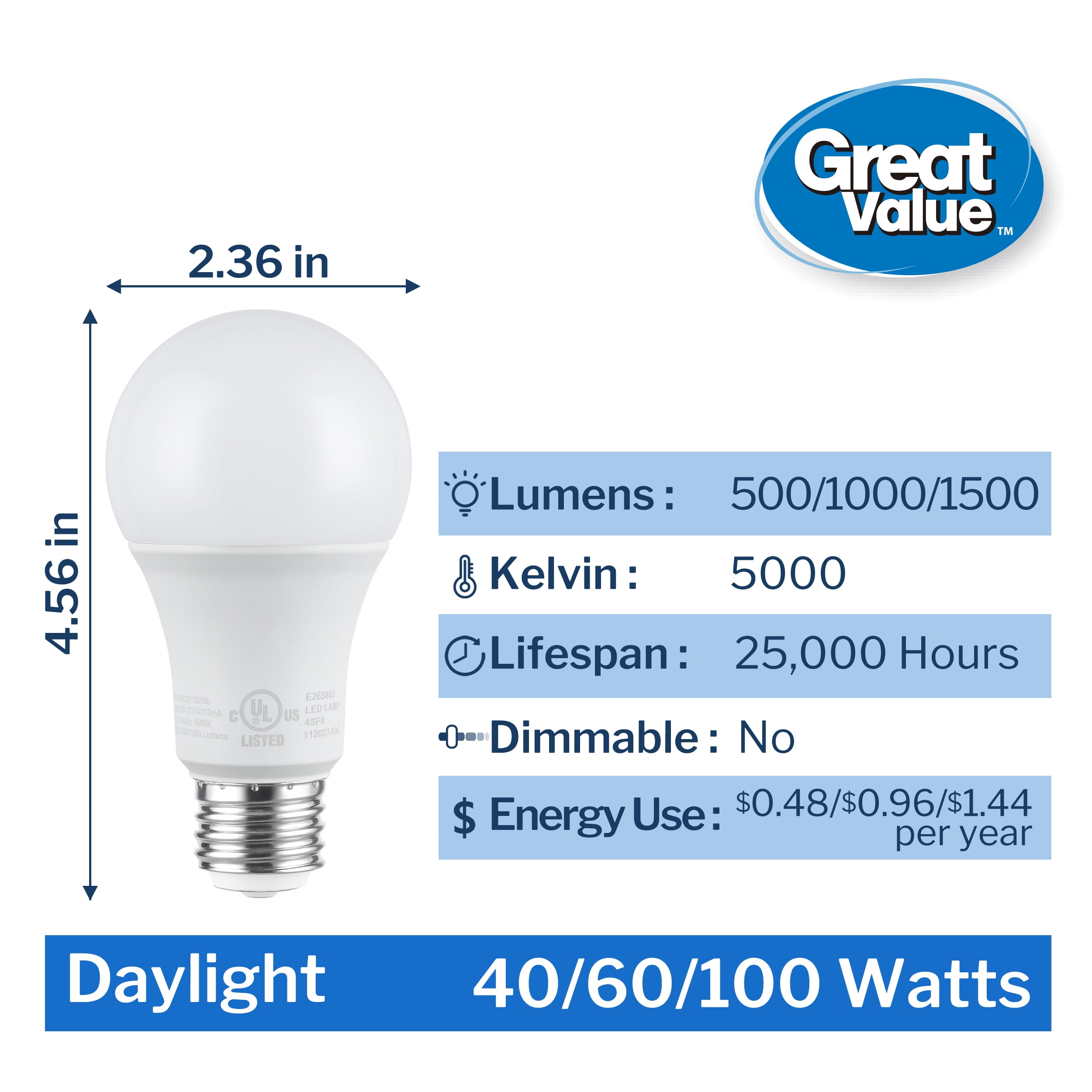 Great Value 3-Way A19 LED Light Bulb, 40/60/100 Watts Selectable, Daylight  E26 Medium Base (4 Pack)