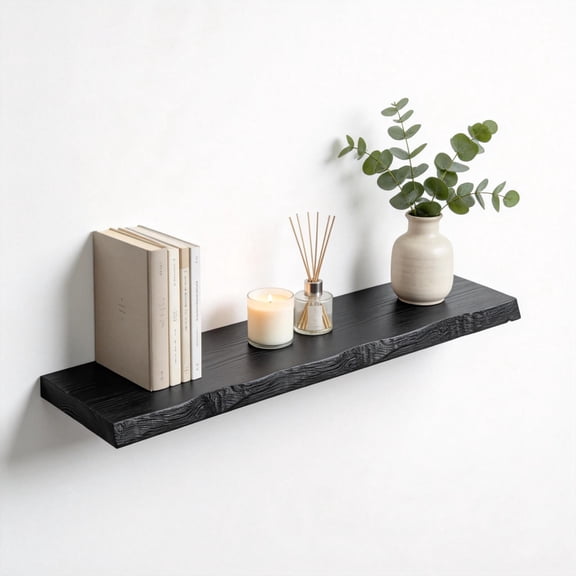 48 Inch Solid Wood Floating Shelf, Live Edge Rustic Wall Shelf with Hidden Brackets, 8” Deep Long Wooden Shelf for Living Room, Bathroom, Bedroom, Kitchen Storage & Display (Black)