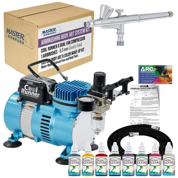 Master Airbrush Airbrushing System Kit with 8 Color Water-Based Face & Body Art Paint Set, Cool Runner II Dual Fan Air Compressor, Pro Gravity Airbrush, Hose - Washable Temporary Tattoo, How to Guide