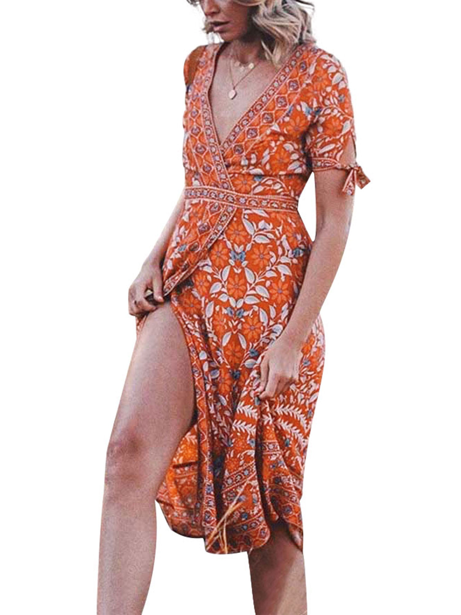 Women's Summer Floral Split Midi Dress Ladies Strappy Holiday Beach Sundress