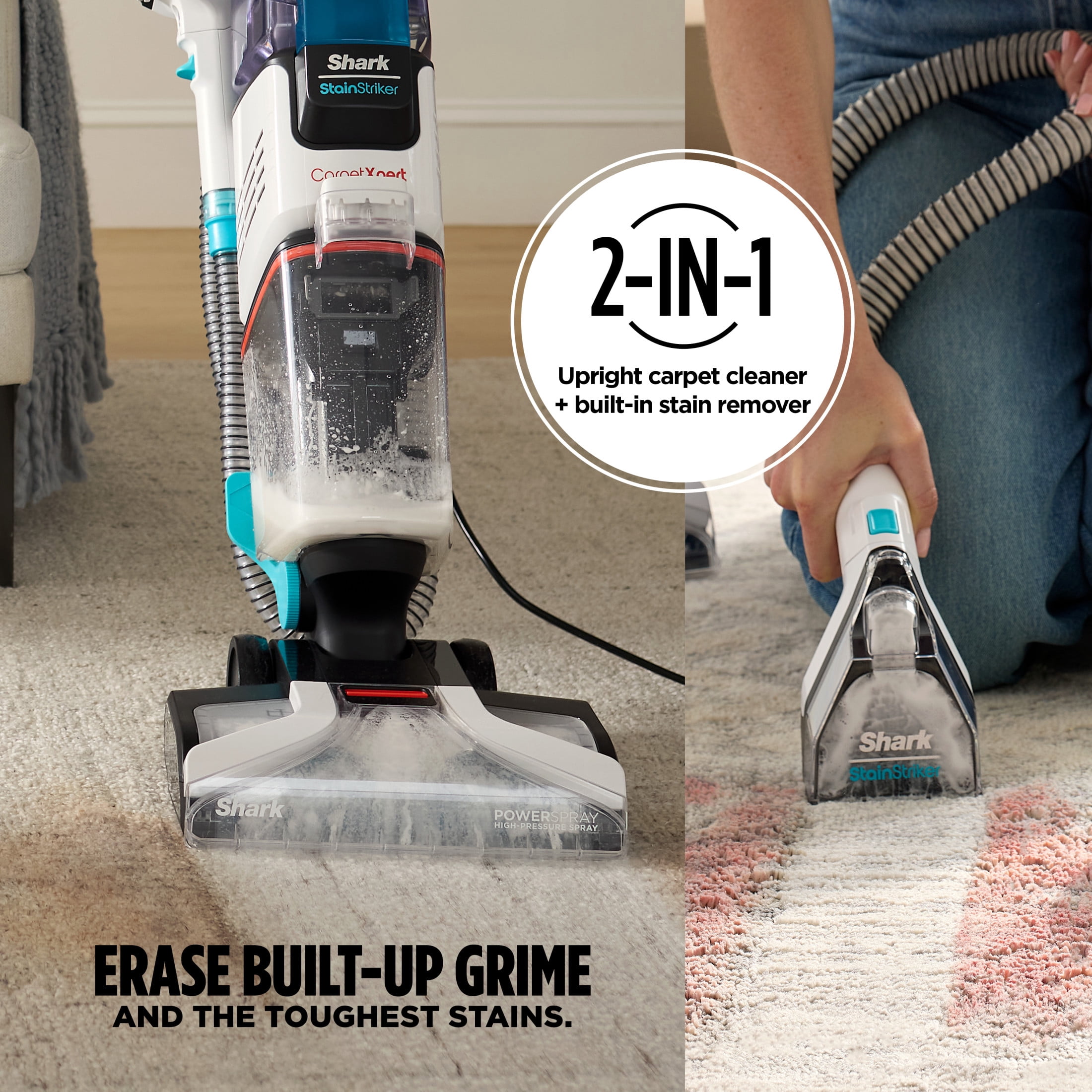 Shark CarpetXpert with StainStriker Upright Carpet & Area Rug Cleaner, Upholstery, Pet Friendly, Pet Mess Extractor Tool, Carpet Shampooer, 3 Tools, Cleaning Solutions, EX201 White