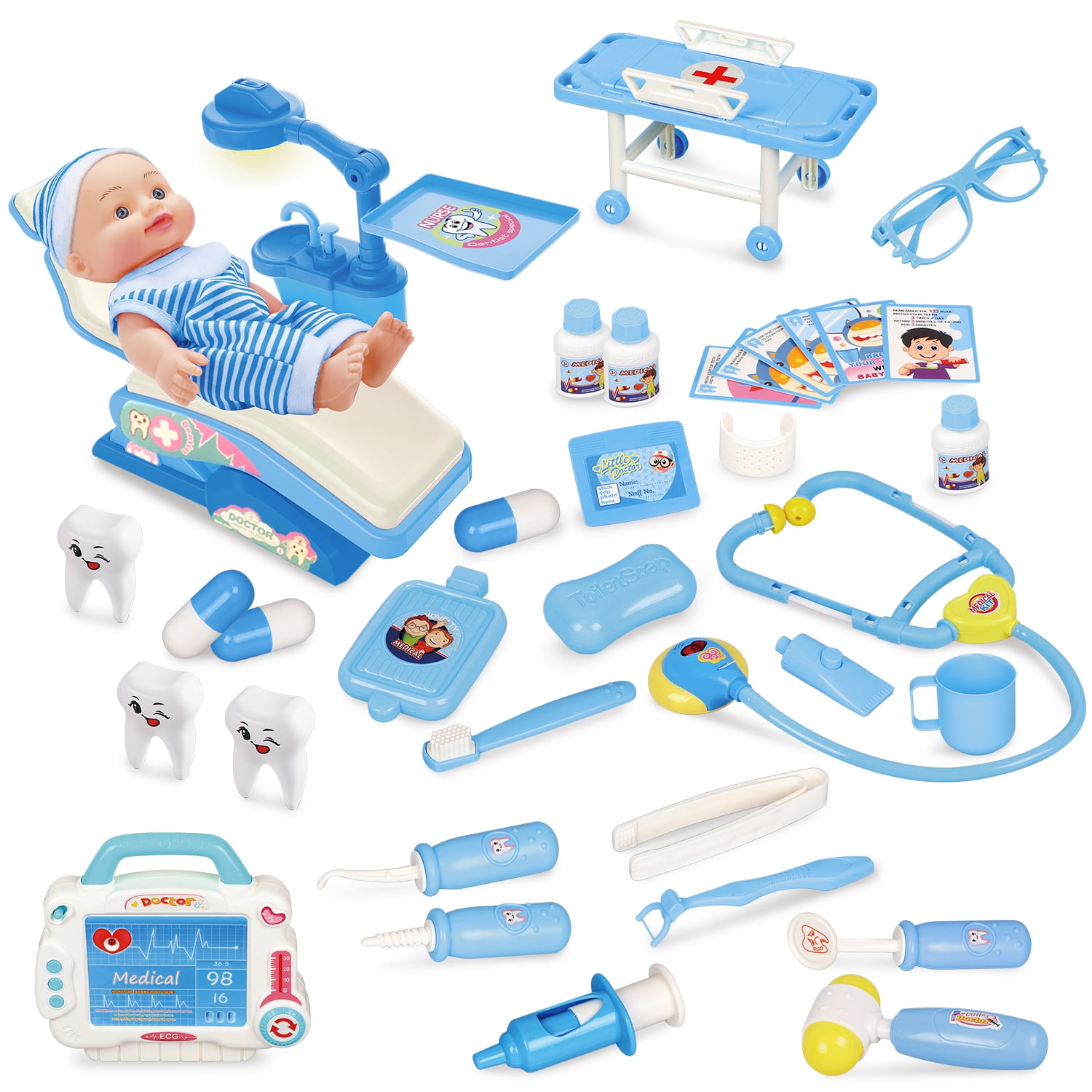 Stethoscope, Reflex Hammer, Syringe etc. Toy Doctor or Nurse Medical Play Set 