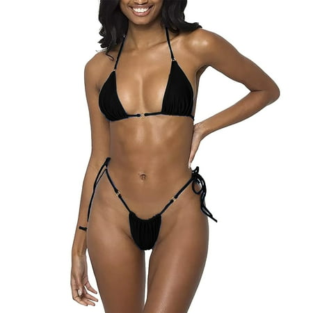 Baqcunre Bikinis Set  Women String Bikini Set Sexy Thong Two Piece Swimsuits Solid Color Bathing Black A