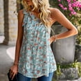 thumbnail image 3 of Camisa con volantes y un hombro con nudo anudado, informal, holgada, blusa sin mangas con estampado floral fluido para verano, verde claro S, 3 of 6