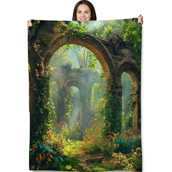 Garden Blanket - Soft Cozy Fleece Throw Blanket, 60"x80", Mystical Ancient Archway with Lush Greenery Design, Perfect for Home Decor and Fantasy Lovers, Ideal for All Seasons
