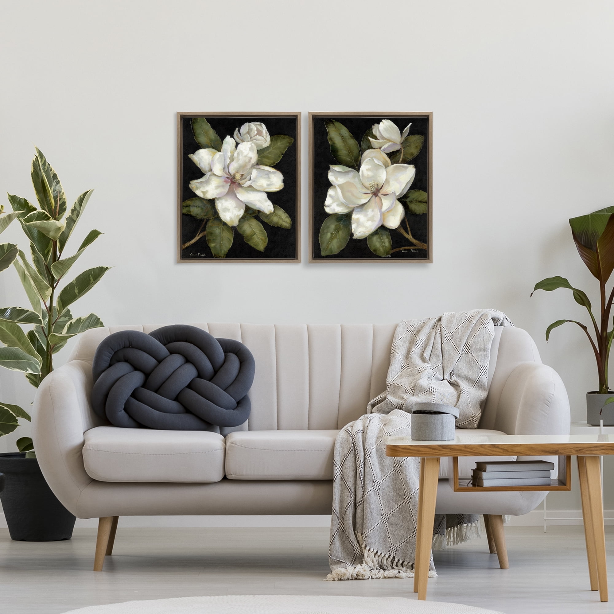 Stupell Industries Magnolia Buds & Blooms 2 Piece Brown Framed Floater Canvas Set, design by Nan
