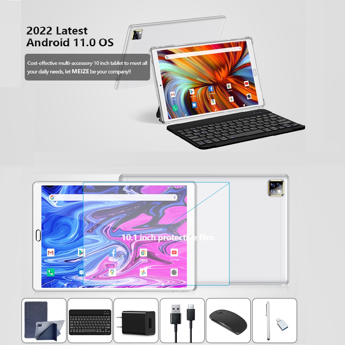 Tablet 10 inch Android Tablet Android 11.0 Tablet with Keyboard Wireless  Mouse Case Stylus,5G WiFi Tablet,4GB RAM 64GB ROM Storage,128GB Expandable,Quad  Core Processor,White Tablet,Back-to-school Gift