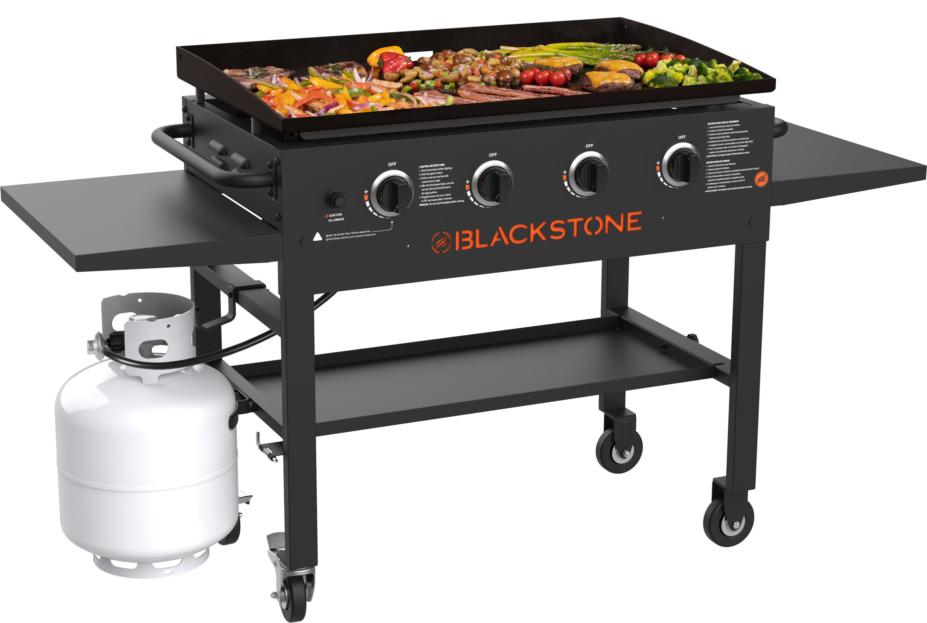 36 Inches Blackstone 1554 Cooking 4 Burner Flat Top Gas Grill Propane Fuelled Restaurant Grade Professional Outdoor Griddle Station with Side Shelf Black & 1780 12 Round Basting Cover 