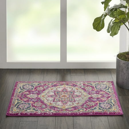 Nourison Passion Persian Pink 1 10  x 2 10  Area Rug  (2x2) Rich  lush  seductive color draws you in to the plush beauty of the lovely Passion Collection. If you thrill to the pleasures of beautifying your home  you ll find Passion area rugs simply irresistible. These fantastic florals  stunning abstracts and dramatic geometric designs meld elements of classic Persian motifs with a modern sensibility. Woven of polypropylene fibers on state-of-the-art powerlooms  this collection of area rugs combines thick  comfortable pile with an easy-care approach. Advanced overdye techniques create an exciting patina effect. Live a more colorful life with Passion in your home! The amazing vibrancy of this brilliant pink Passion rug enlivens any room with fabulous flair. The design features a central eight-point star medallion  framed and filled with traditional Persian floral motifs. The soft pile is tastefully faded to an intriguing vintage-style finish for endless appeal.