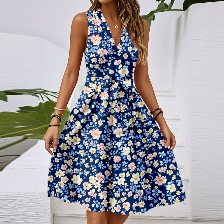 Summer Dresses, Floral Wedding Guest Casual V Neck Sleeveless Tunic Tank Dress  Cocktail Beach Off The Shoulder Sweater Dress Plus Size Women Semi Formal  Dresses Romper Dresses (M, Royal Blue) ZMTing -