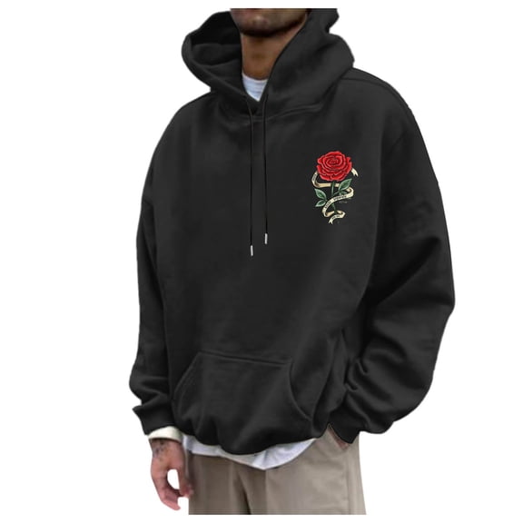 CONZONE Mens Casual Hoodies Long Sleeve Pullover Hoodie for Men Rose Graphic Y2K Hooded Sweatshirts With Pocket