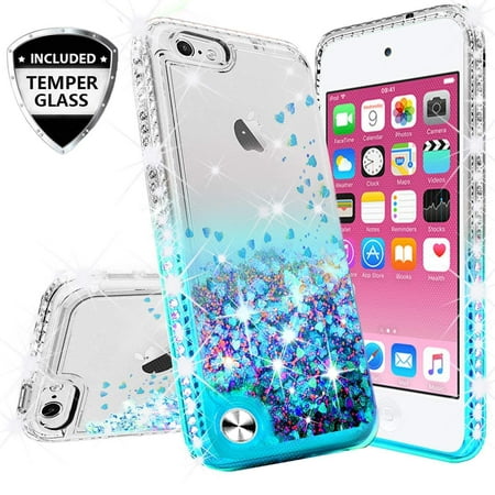 Compatible for Apple iPhone 8 Case, iPhone 7 Case, with [Temper Glass Screen Protector] SOGA Diamond Glitter Liquid Quicksand Cover Cute Girl Women Phone Case [Cear/Teal]