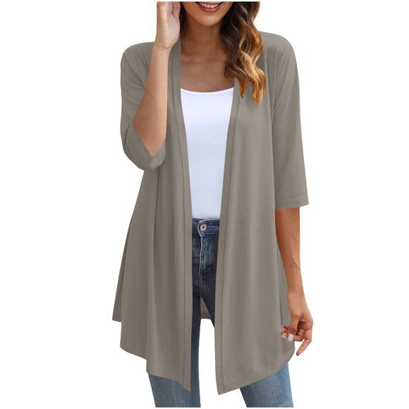 Kaemgyyd 3/4 Sleeve Cardigan for Women Flowy Solid Color Soft Long Cardigan Fashion Open Front Lightweight Coat Fall Outwear