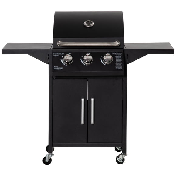 Outsunny 3 Burner Gas Grill w/ Wheels, Storage Shelves, Thermometer, Black