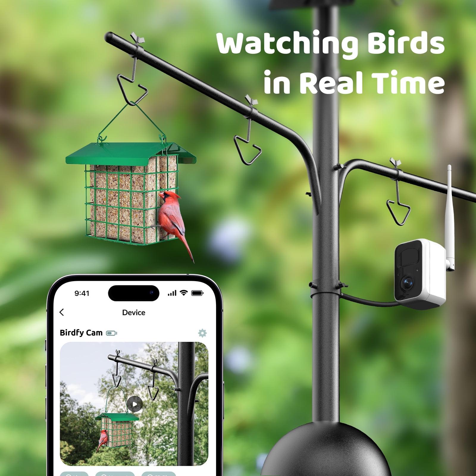 Bird Feeder Pole with Camera and Solar Panel, Netvue Birdfy Pole All Metal with 8 Hooks Squirrel Proof Heavy-Duty Stand