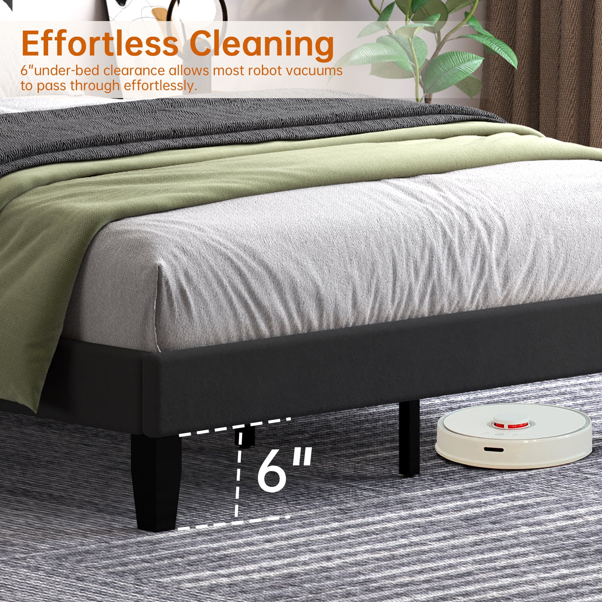 Pingliang Home Queen Size Bed Frame with Adjustable Upholstered Headboard&Wood Slats Support,Black