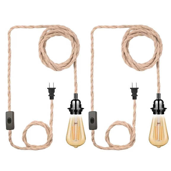 HIBIBUD 2 Pack Plug in Pendant Light Cord,Industrial Hanging Light Kit with 15Ft Hemp Rope,E26 E27 Light Socket Base for Hanging Lamp Kit,Hanging Light Cord with On/Off Switch