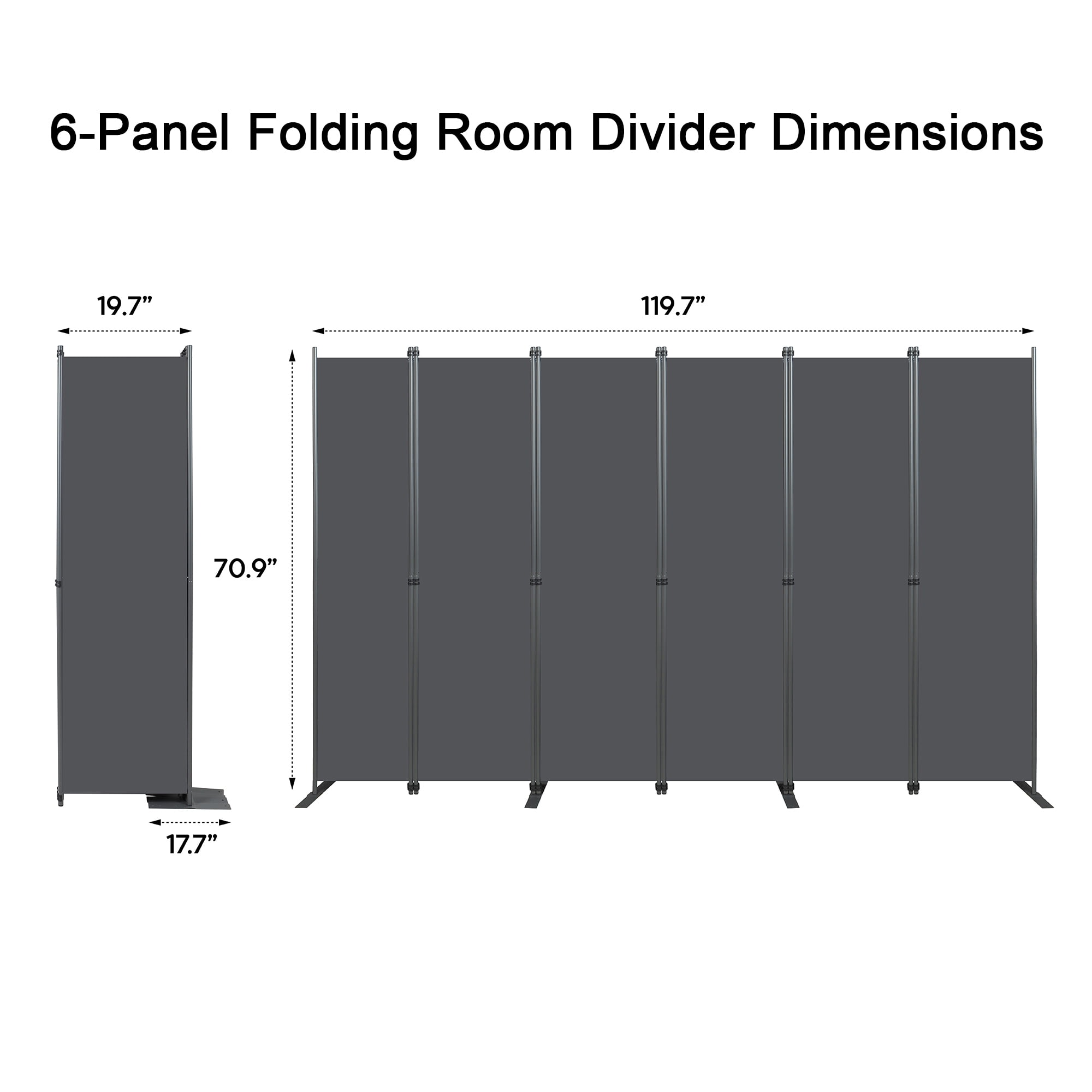Room Divider 6-Panel -120" W × 71 "H Folding Privacy Screen for Indoor Space, Heavy-Duty Metal Frame & Polyester Fabric Portable Freestanding Partition for Bedroom,Office & Living Room-Black Gray